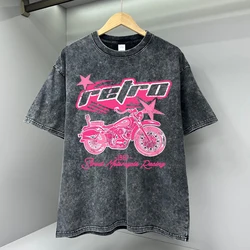 Y2K Pink Retro Motorcycle Street Print Men Tshirts Breathable T Shirts Loose Cotton Tee Clothing Casual Tops Brand Oversize Tees