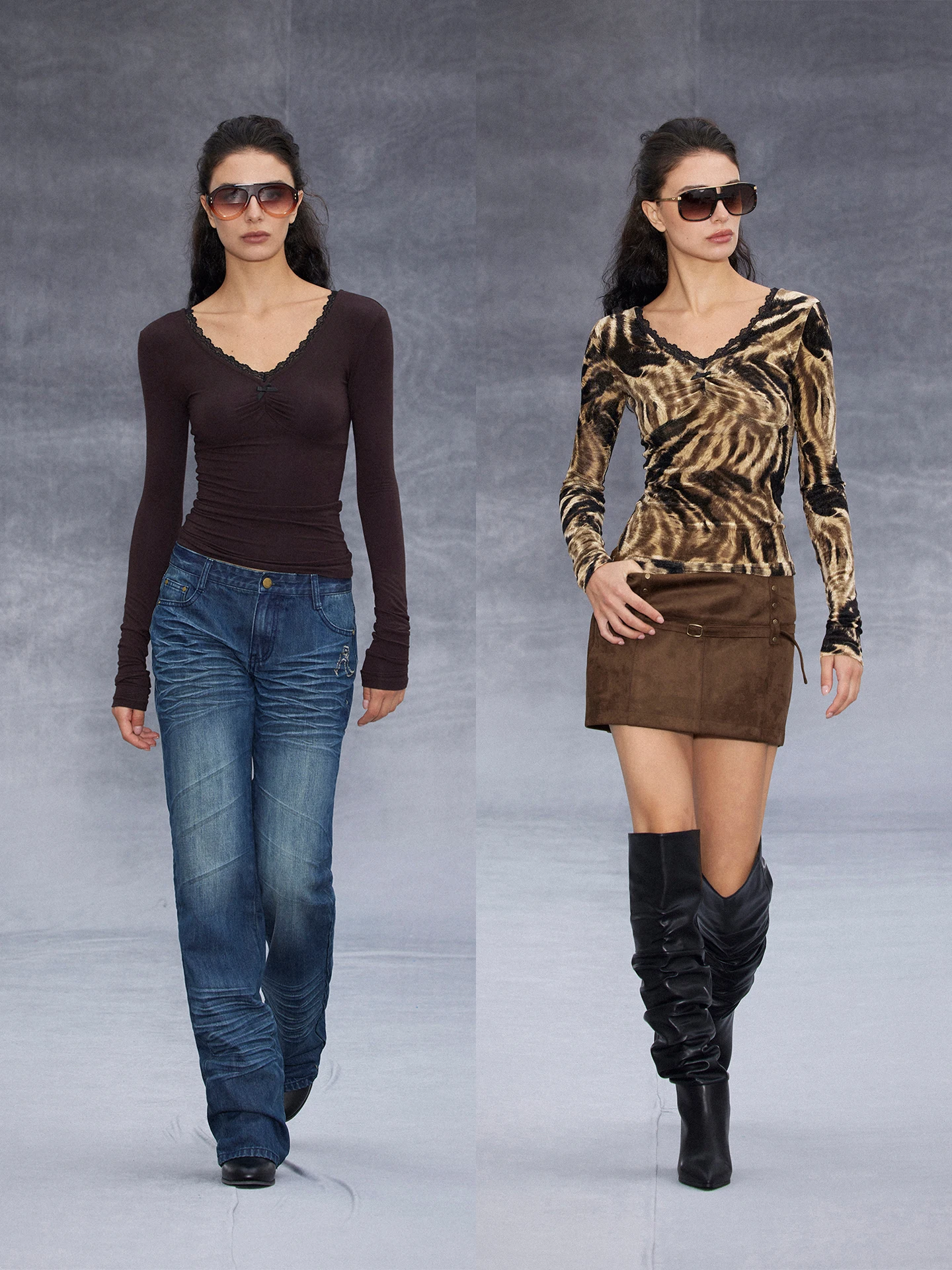 

Randpiee Touch Series Pleated Ruffle V-ne Slim-fit Base T Long Sve Retro Sle Printed Women's T-irt Regular Thin