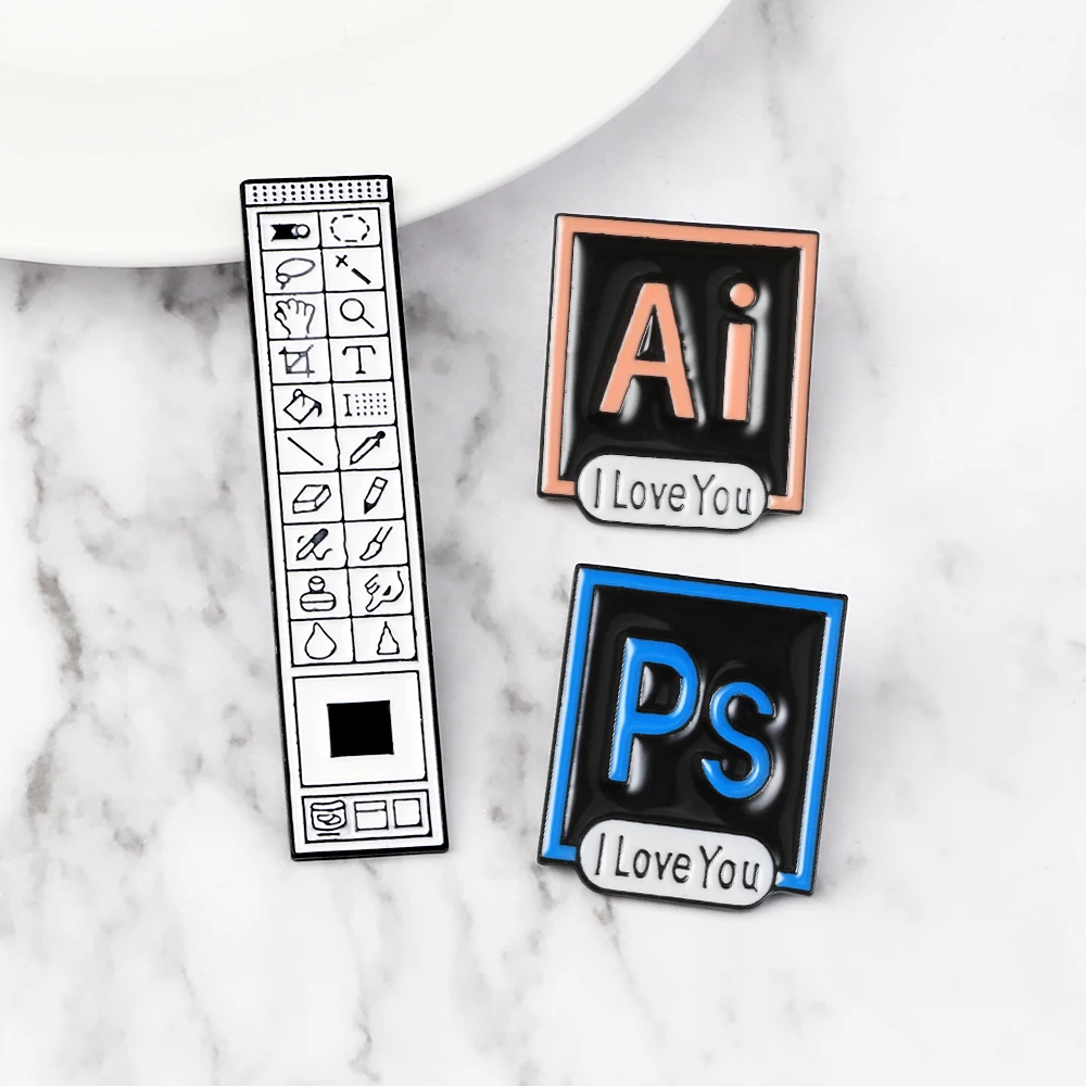 PS AI Enamel Pins I Love You Photoshop Illustrator Brooch Toolbar Badge Software Designer Denim Lapel Pin Creative Jewelry