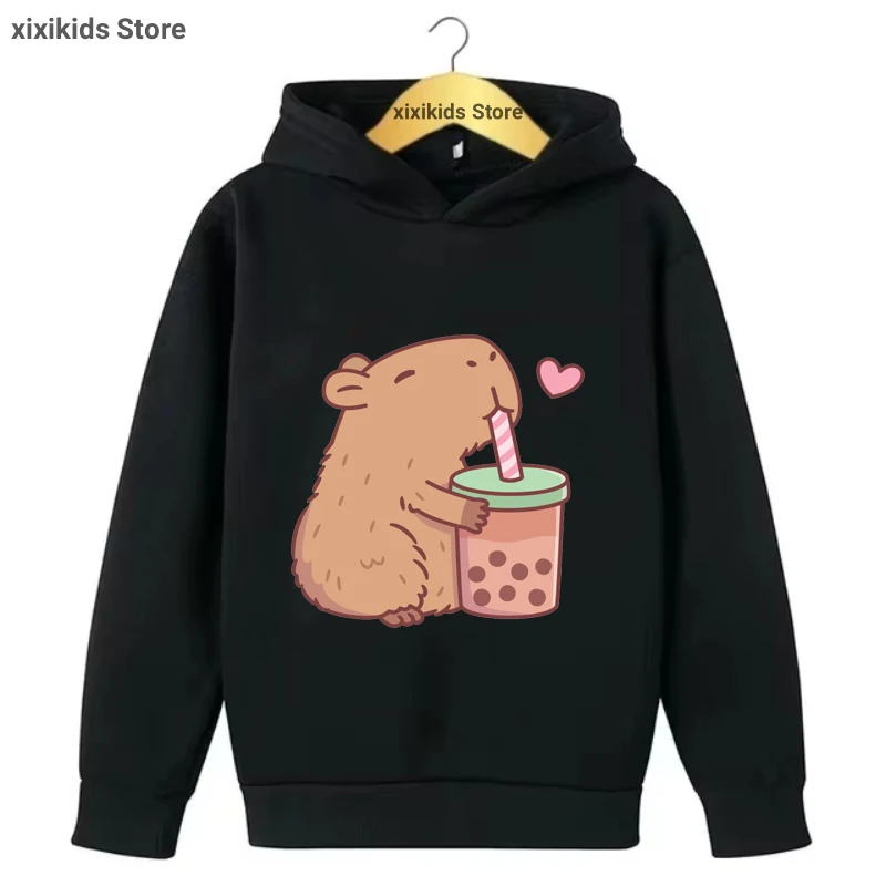 

New Capybara Loves Bubble Tea Cartoon Printed Hoodie Girls/Boys Kawaii Kid Clothes Spring/Autumn/ Winter Plus Velvet Sweastshirt