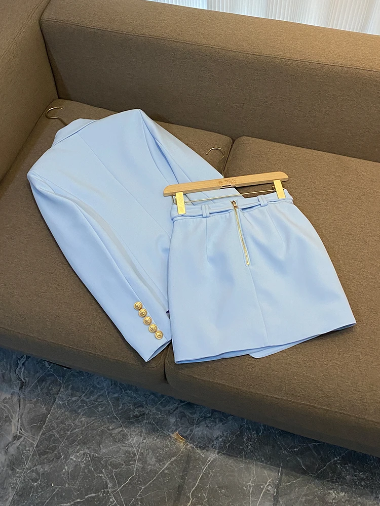 Light Blue Elegant Style Lady Office Work Suit Double-breasted Long Sleeve Fitted Blazer A-line Pencil Mini Skirt Women 2Pcs