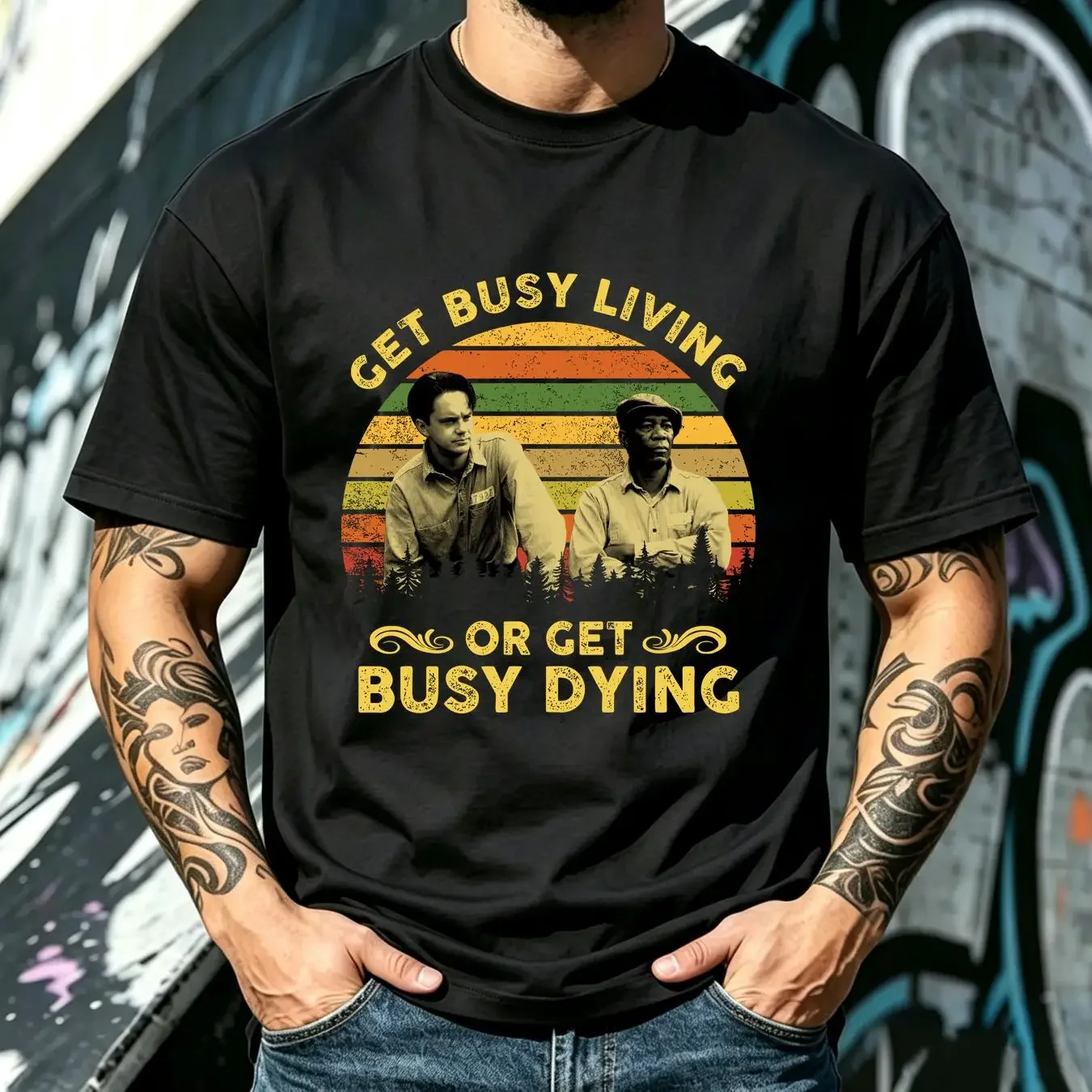 washed T Shirt The Shawshank Redemption Get Busy Living Or Dying Vintage Movies Quote long short sleeves vintage Washed