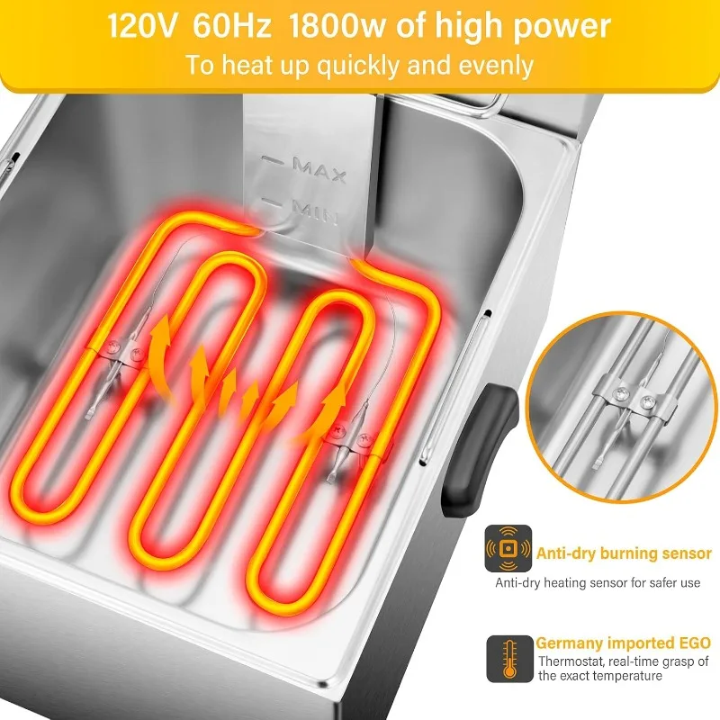 13L 13.7QT مقلاة عميقة تجارية 1800 وات 120V18.7 رطل مع التحكم في درجة الحرارة ومؤقت سلة كبيرة مقلاة رائجة البيع