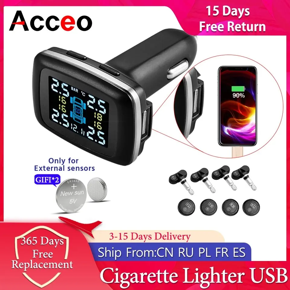 ACCEO-ولاعة سجائر ذكية TPMS إنذار ضغط إطارات السيارة ، نظام مراقبة ، عرض 4 أجهزة استشعار ، إنذار درجة الحرارة ، USB ، TPMS