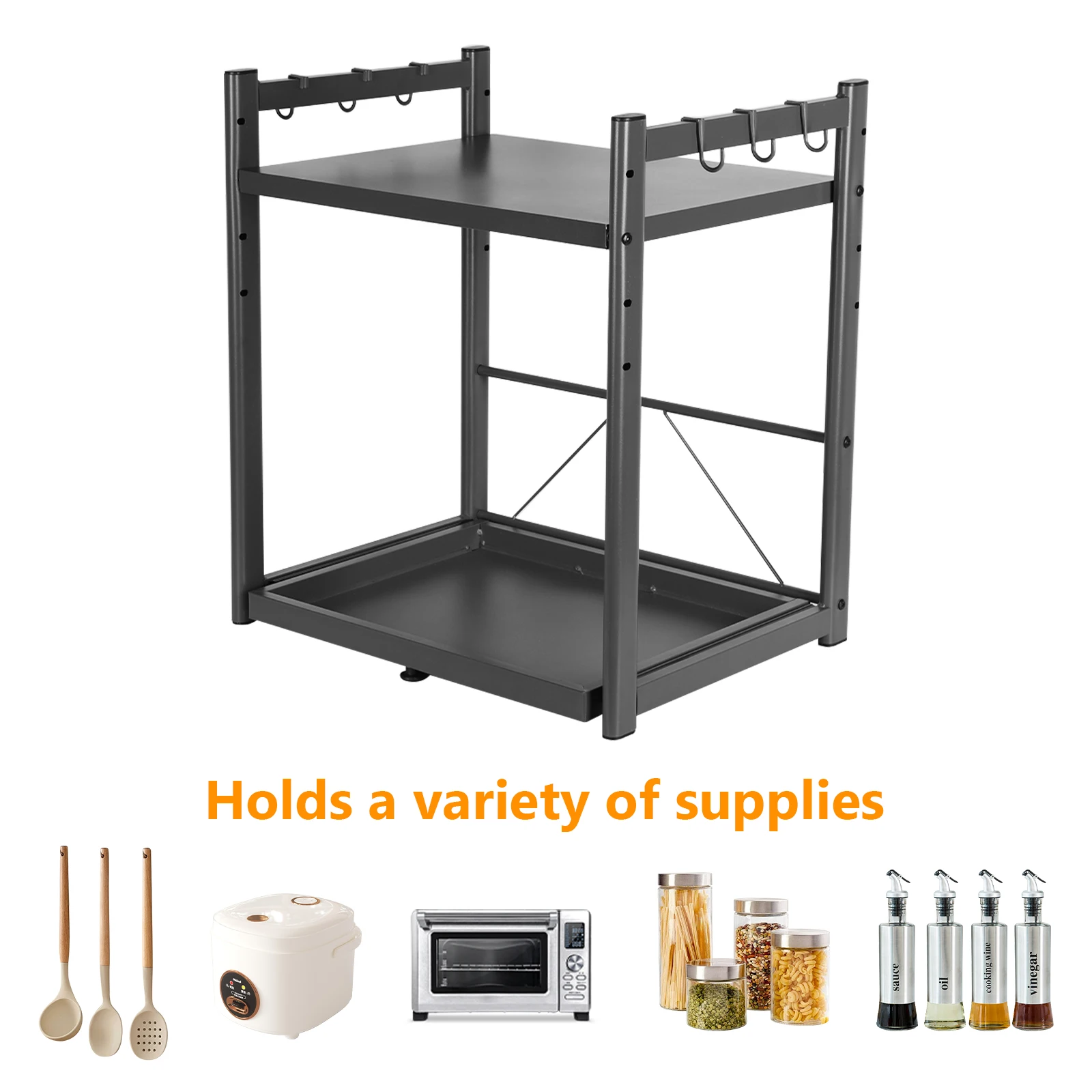 Expandable Microwave Rack with Hooks Extendable Microwave Stand Non Slip Over Microwave Shelf Carbon Steel for Countertop