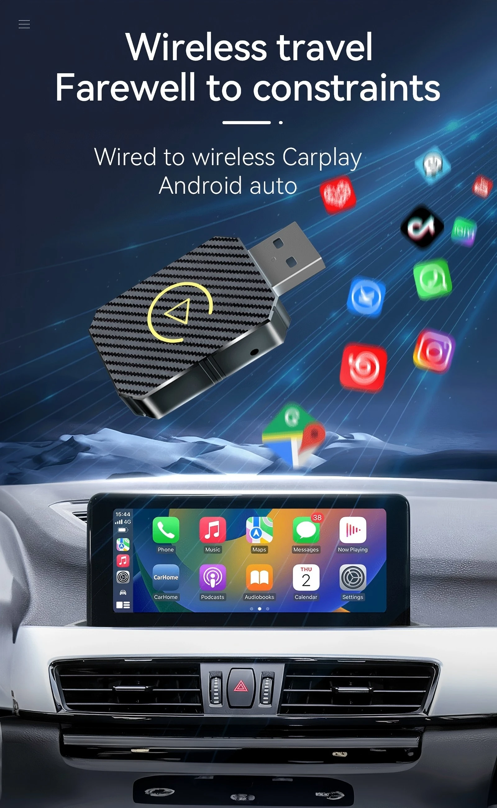 กล่องเชื่อมต่อรถยนต์ CarPlay ไร้สาย กล่อง CarPlay ไร้สายอัจฉริยะ 2 in 1 แบบเสียบใช้งานได้ทันที เชื่อมต่ออัตโนมัติ Bluetooth 5.0 สะดวกสบาย
