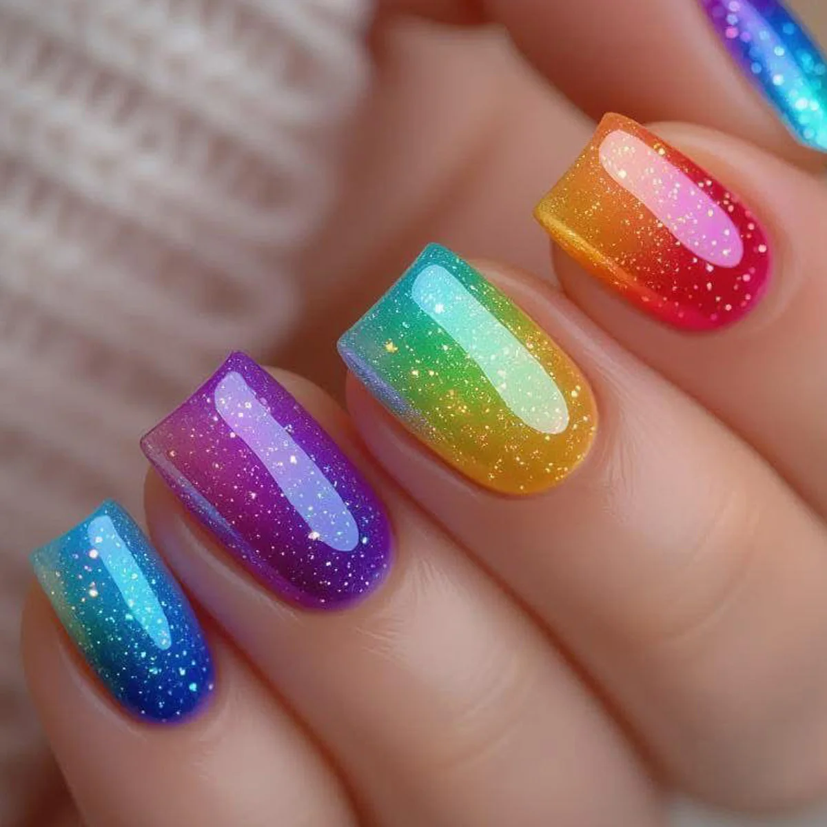 Short Medium fake nails Y2K gradient yellow purple blue pink red with shiny glitters Square ballet reusable press on false nail