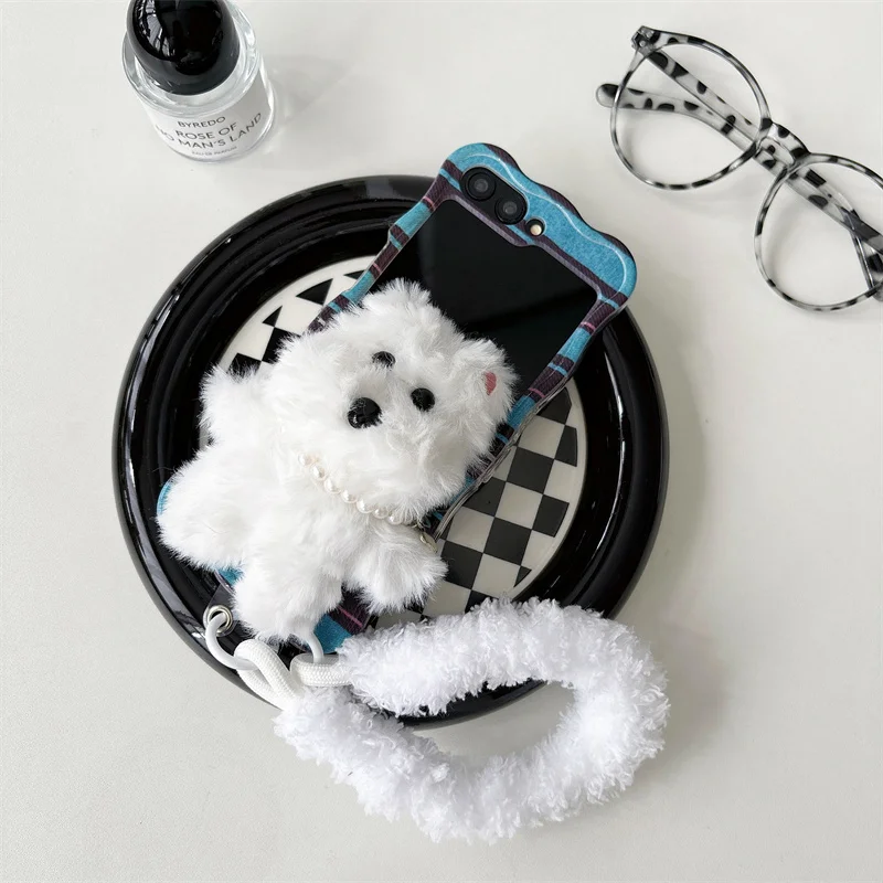 For Samsung Galaxy Z Flip 6 5 4 3 Case Z Flip6 ZFlip 6 ZFlip6 3D Plush Dog Lanyard Wave Shockproof Cover