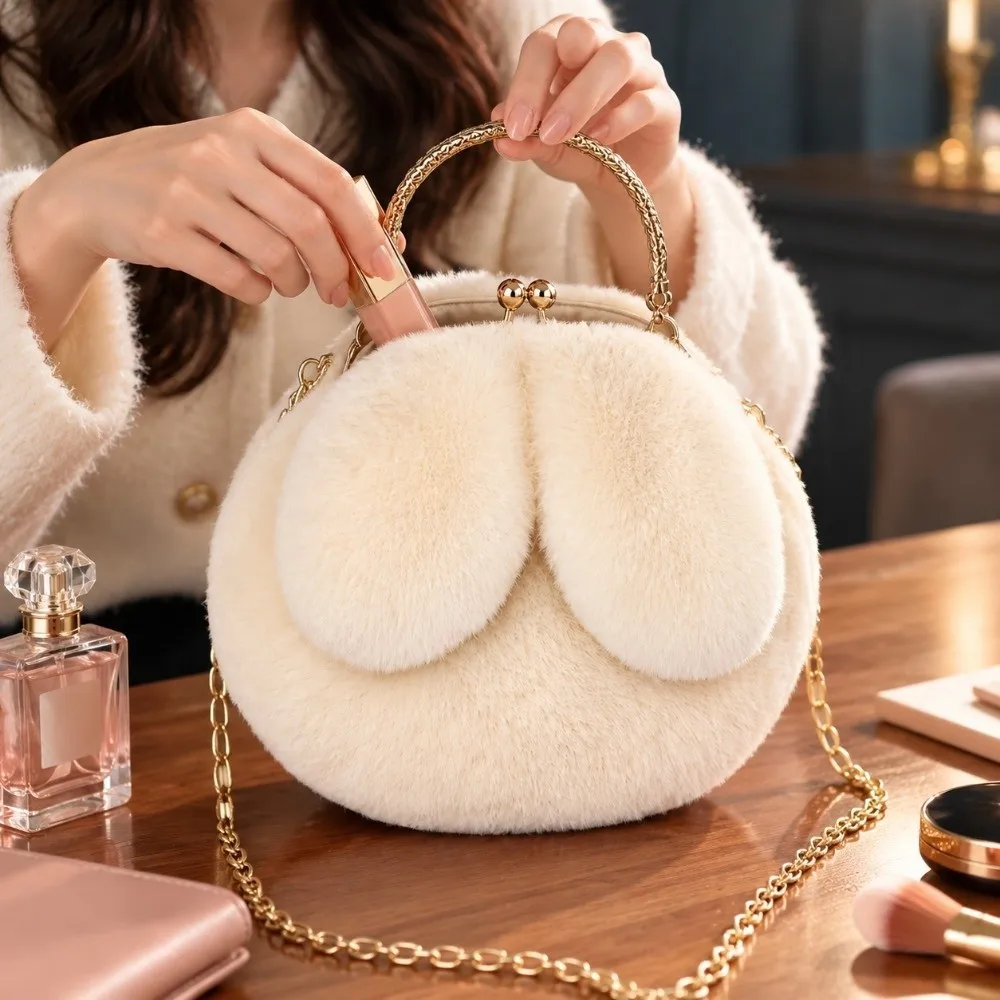 New Bunny Shoulder Bag Faux Fur Rabbit Ear Rabbit EarCrossbody bag Chain Strap Round Shape Small Round Phone Bag Birthday Gift