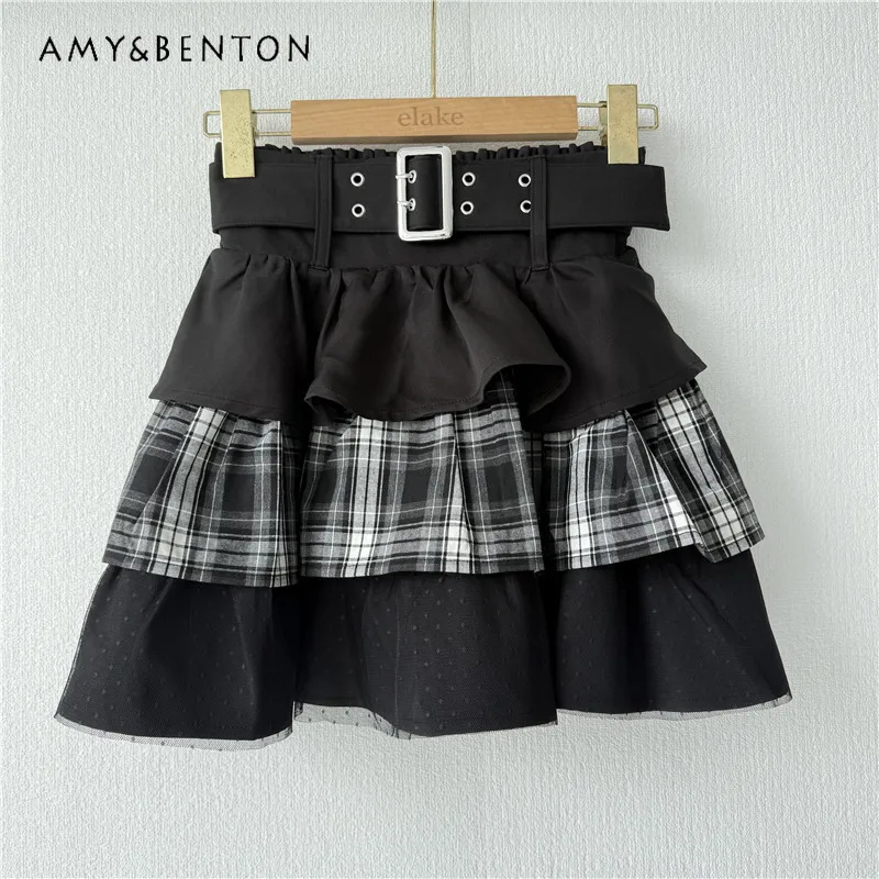 Japanese Mine Series Subculture Plaid Splicing Mesh Cake Skirt Summer New Spice Girl Y2K Belt Slim High Waist Mini Skirt Women