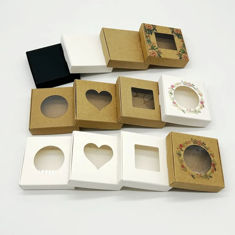 50pcs Paper Cardboard Jewelry Packaging Boxes 6x6x1.5cm Handmade Gifts Boxes Clear PVC Window Displays Gifts Packing Box