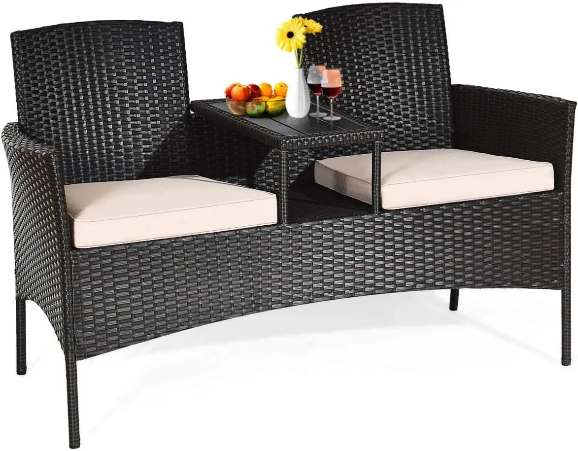 Outdoor Patio Loveseat, Wicker Conversation Set with Cushions and Built-in Coffee Table, 2 Person Rattan Seating for Garden Lawn