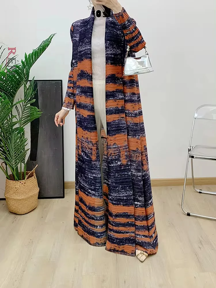 ANLAN 2024 Summer New Pleated Belt Coat Elegant Printed Long Sleeves Color Block Large Size Robe Female Trendy Clothing 2DA4681