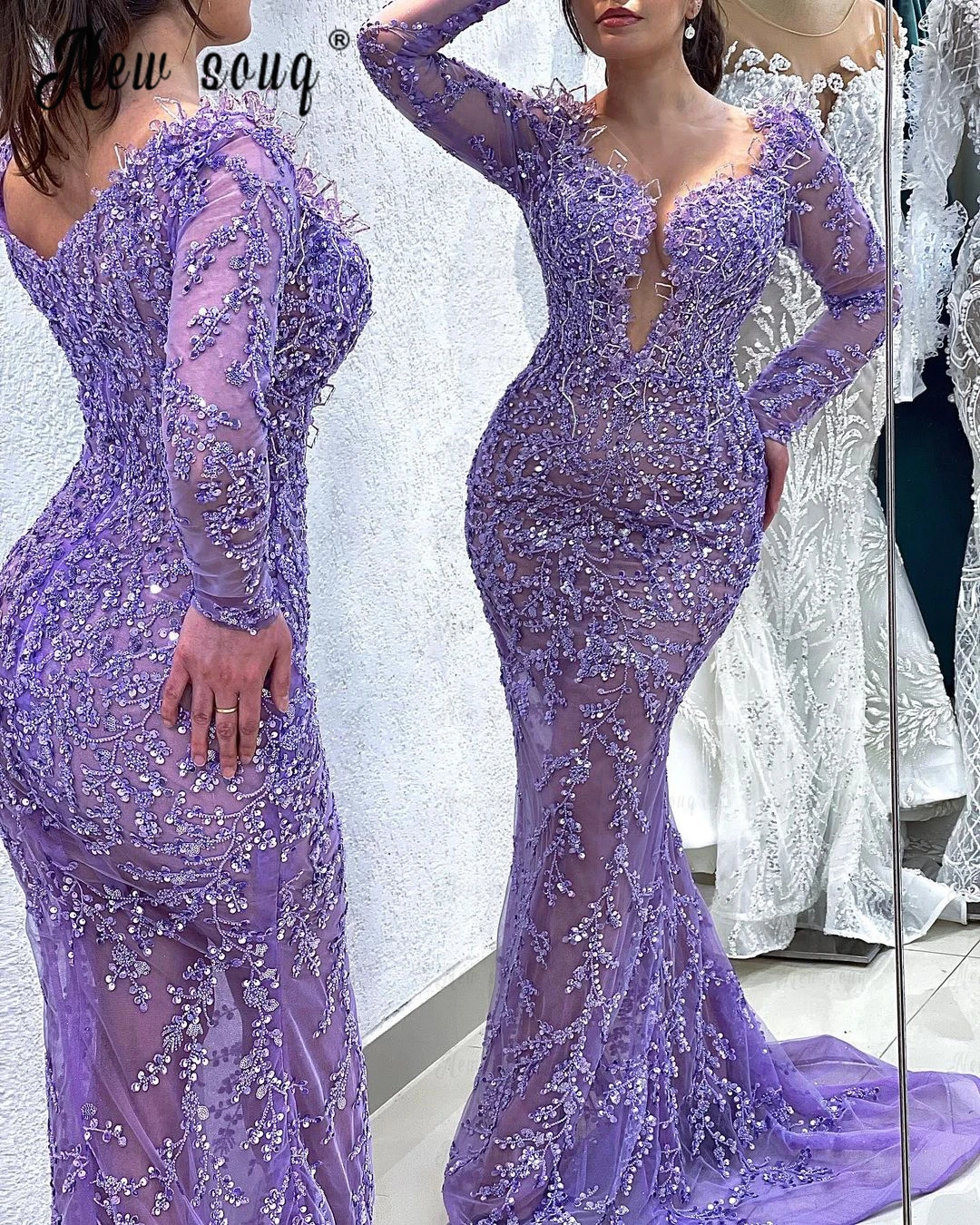 Charming Purple Flower Lace Appliqued Evening Dress Arabic Deep V Neck Mermaid Long Celebrity Gown  Robe Soirée Female Custom