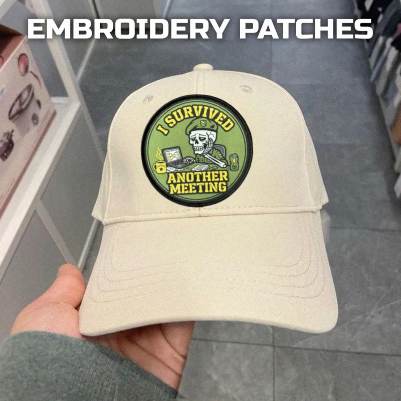 Patch imprimé 'J'ai survécu à une autre réunion', motif crâne, pour gilet tactique, badge moral auto-agrippant, autocollants pour sac à dos, patchs pour brassard et vêtements