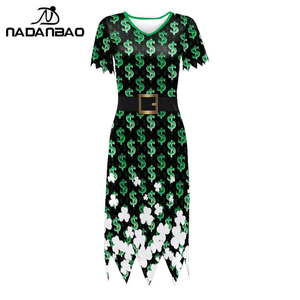 Nadanbao 3D シャムロックプリント グリーンドレス レディース 聖パトリックデー パーティードレス 夏 Vネック イレギュラードレス カジュアル衣装