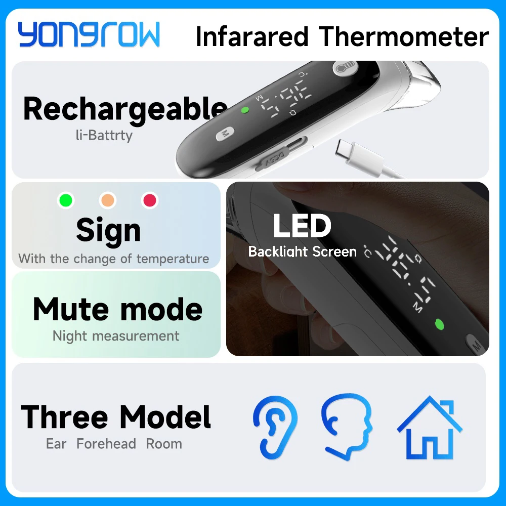 Yongrow Rechargeable Infrared Thermometer Forehead Ear Room Temperature Three Modes 32 Memory Alarm Lights Forehead thermometer