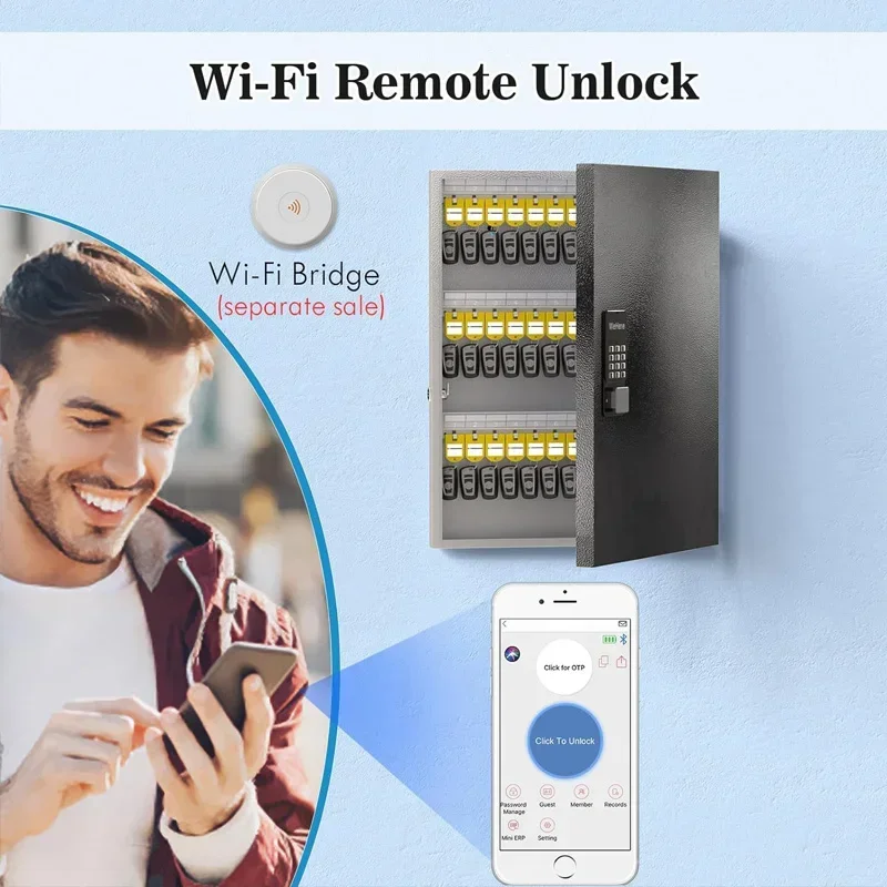 WeHere 72 Key Lock Box, Intelligent Wall Mounted Key Storage Cabinet,OTP/APP Bluetooth/fixed Code Unlocking Key Management Safe