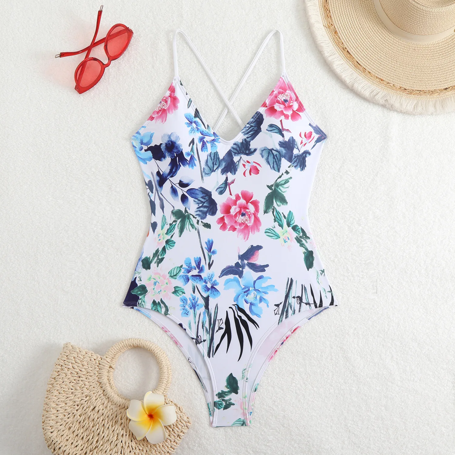 Sexy Floral One Piece Swimsuits Women Bathing Suit V Neck Swimwear Female Monokini Cross Backless Swimming for Suits Beachwear