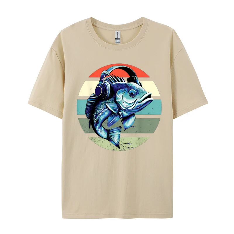 Fish with Earphones T-shirts The fish is listening to music Tops T Shirt Harajuku Cotton Youth T Shirt Customized