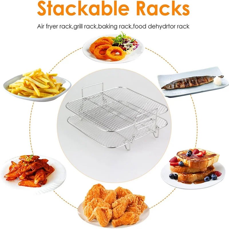 Newest! 2-Layers Air Fryer Rack Stackable Grid Grilling Rack Stainless Steel for 4.2-5.8QT Air Fryer Kitchen Oven Steamer Cooker