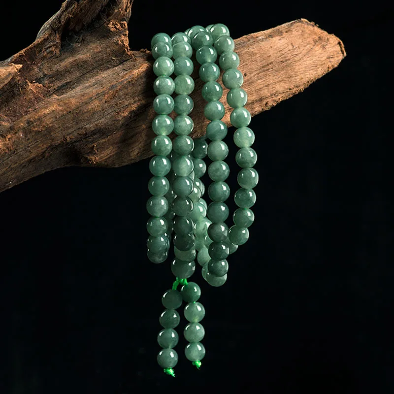 Natural Green Jade 6mm Round Beads Long Necklace with Three Rings Bracelet Traditional Ethnic Playing with Buddhist Jewelry