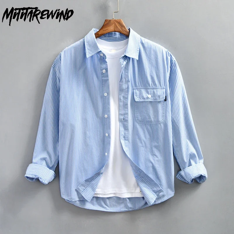 

Весенне-летние мужские рубашки с длинным рукавом 4XL, полосатая рубашка в корейском стиле, топы с карманами и лацканами, повседневная свободная рубашка, простая одежда