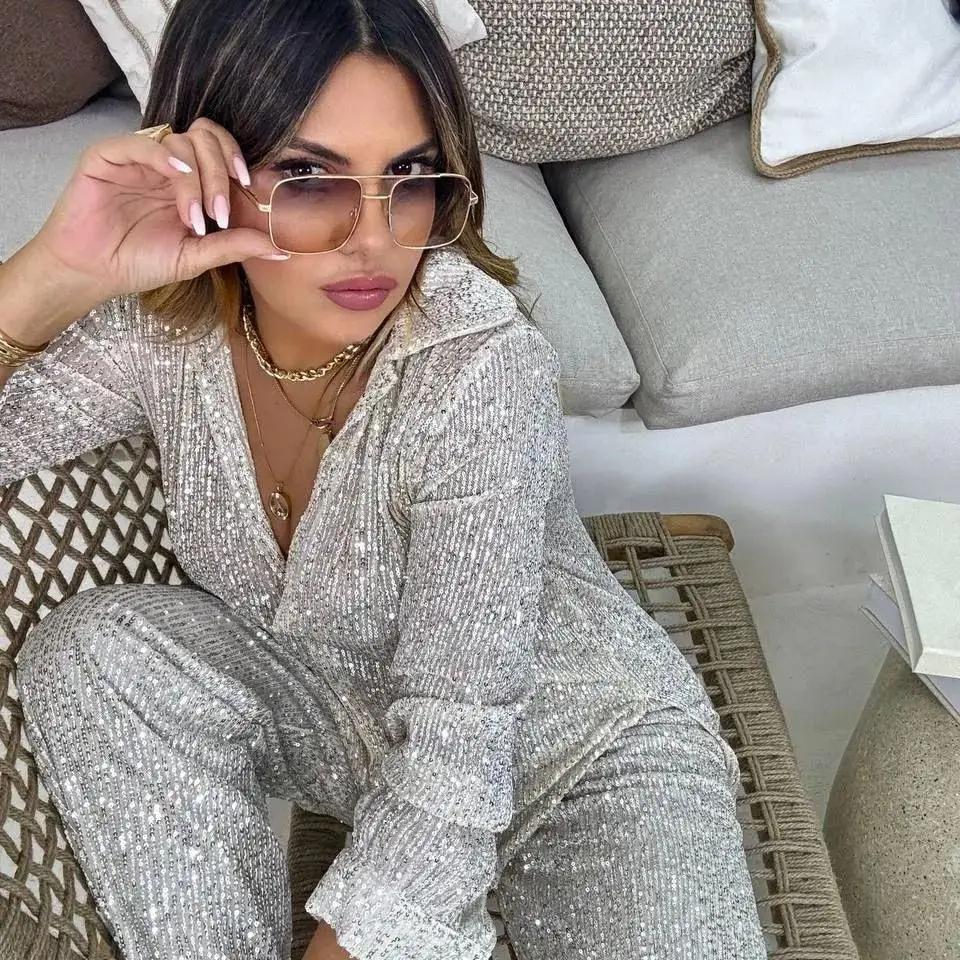 

Pant Sets Women Two Pieces Set Long Sleeve Y2k Wide Leg Ankle Length Pants Matching Sets Sequin Turn Down Collar Streetwear