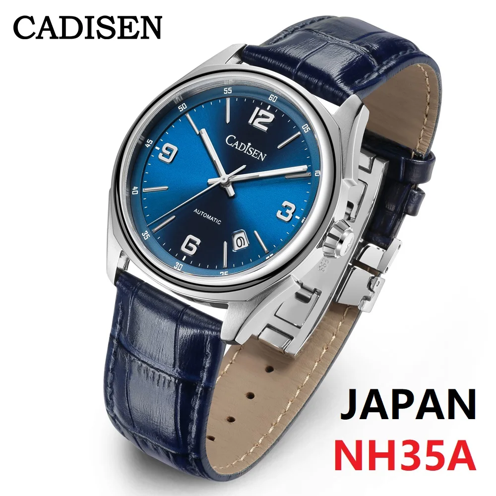 CADISEN Men\'s Automatic Stainless Steel Watch with Blue Leather Belt Japan NH35A Mechanical Watch Fashion Casual Men\'s Watch