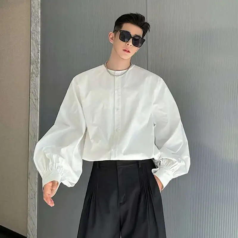 

SYUHGFA New Fashion Men's Shirt Collarless Long Sleeve Single Breasted Solid Color Trend Male Loose Tops 2024 Autumn Simple