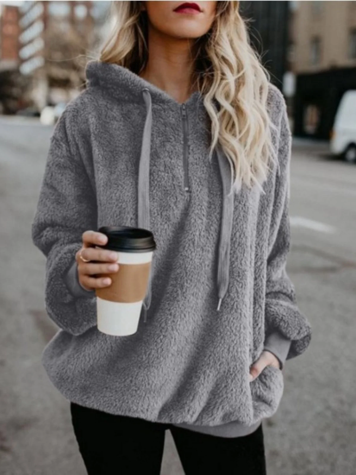 

Loose Fit Hoodie Sweatshirt Women's Autumn Winter Long Sleeve Drawstring Casual Velvet Shirt Coat Street Style Polyester Fiber