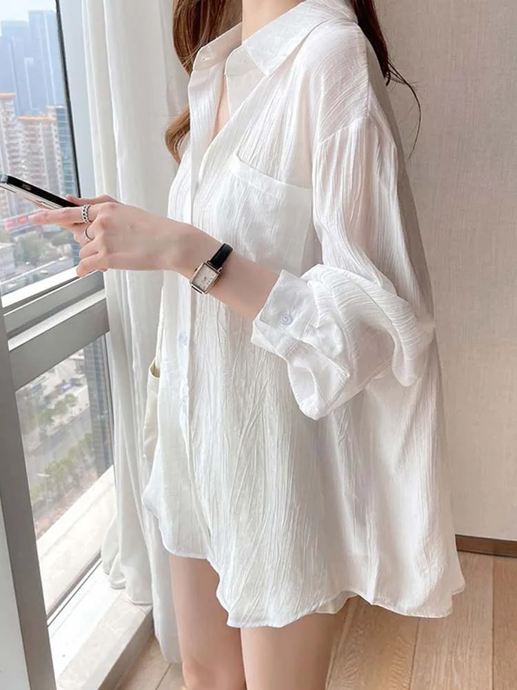 

Ice Silk White Shirt Women Summer Long Sleeve Sunscreen Cardigan Tops Ladies Korean Fashion Casual Sun Protection Thin Blouses