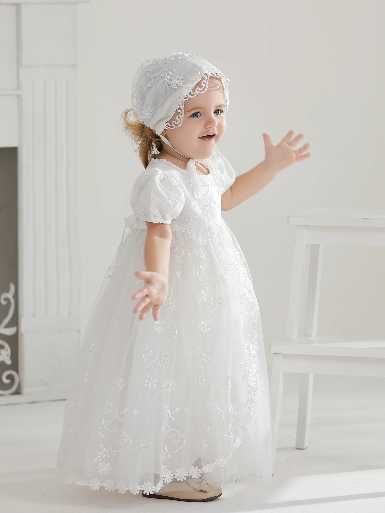 Baby Girl Baptism Dress Lace Christening Baptism Gowns Dresses with Bonnet Birthday Party Dress