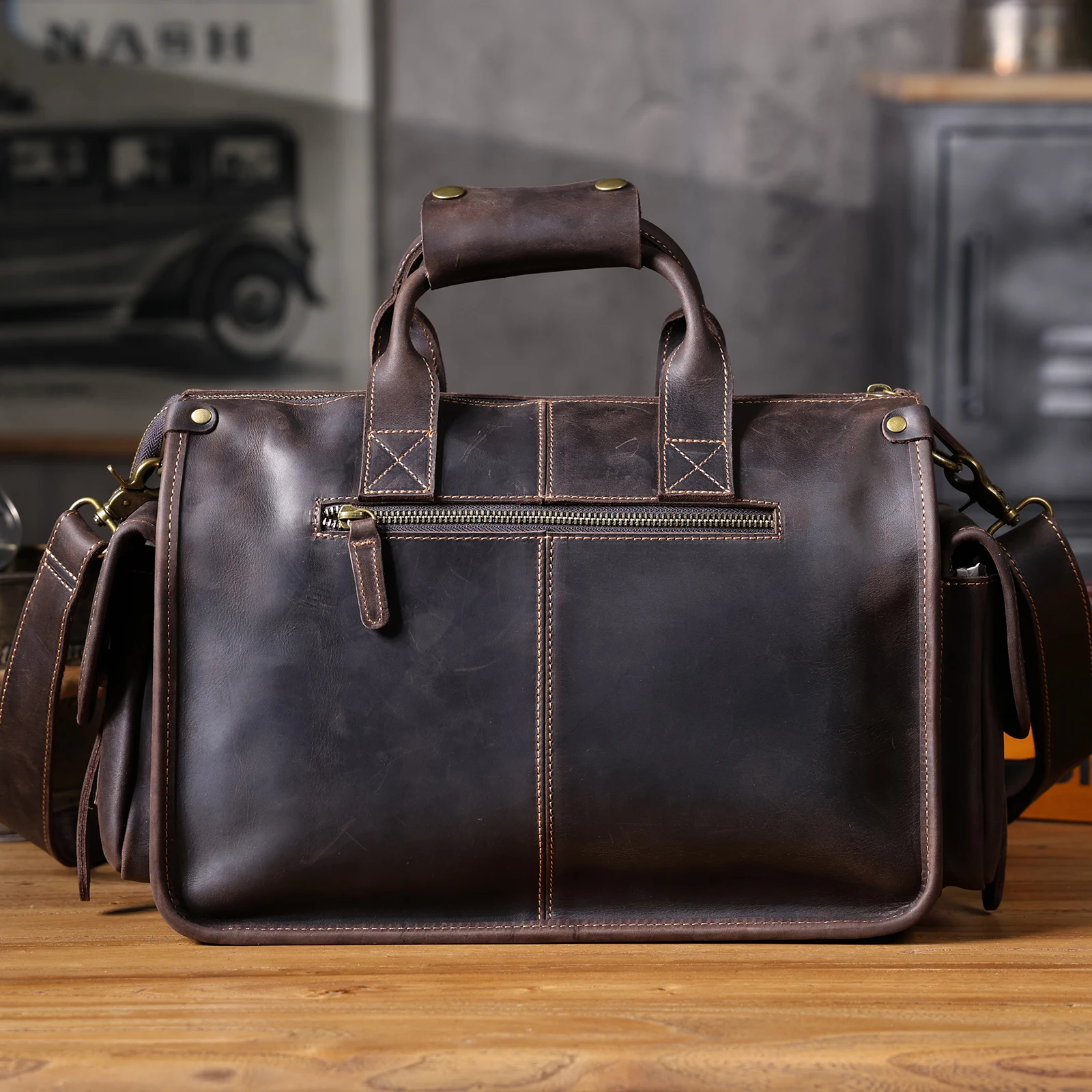 S.WORKER Vintage Echtleder Herren-Aktentasche 14" Laptop-Tasche Crazy Horse Leder Messenger-Handtasche Rindsleder Geschenkidee für Männer – Detail 12