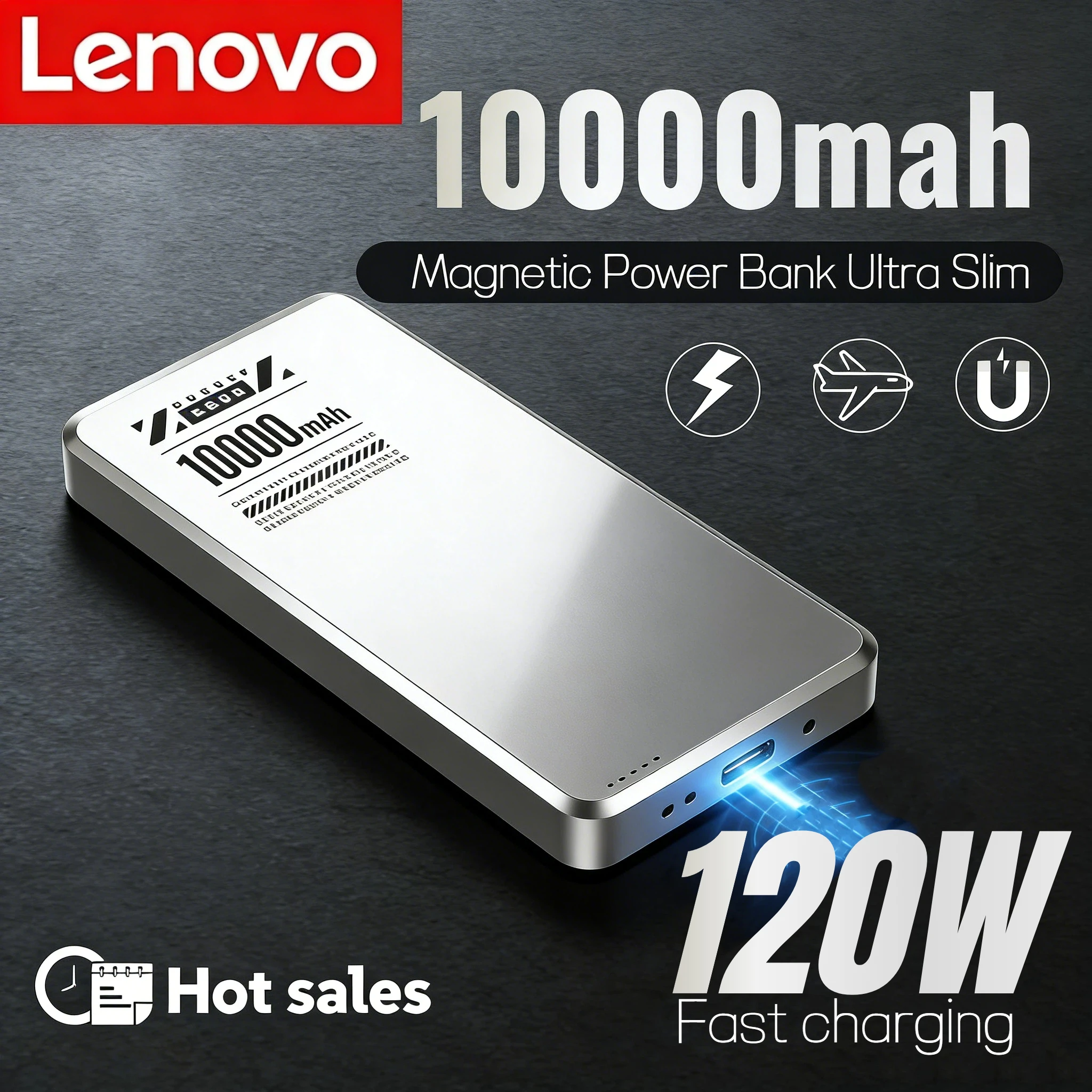 

Магнитный внешний аккумулятор Lenovo 10000 мАч, ультратонкий, с беспроводной зарядкой Qi2, портативный, для Magsafe, для iPhone и Samsung