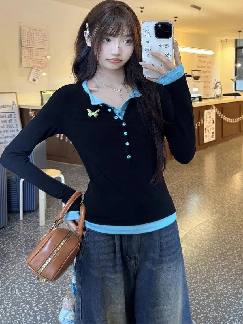 

Удобная женская приталенная футболка-базовый слой в стиле колор-блок, корейский стиль, длинный рукав, на пуговицах, повседневный топ