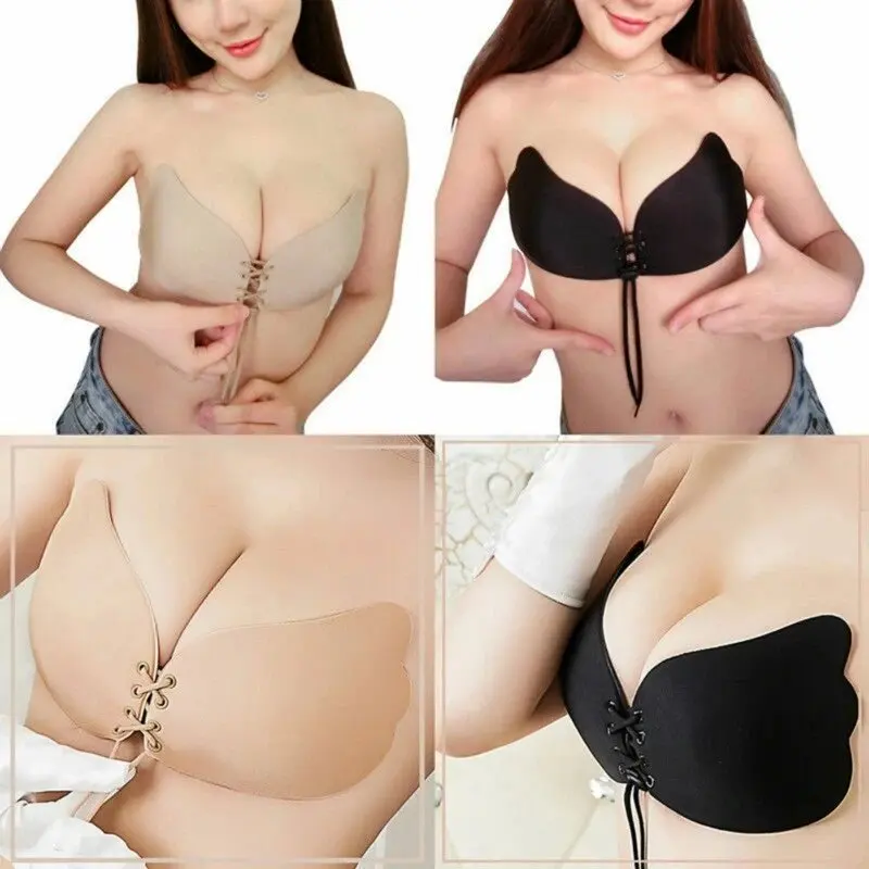 Fundas de silicona para pezones para mujer, sujetador adhesivo Invisible sin tirantes, sujetadores frontales con cordones, sujetadores push-up, ropa interior sin espalda sin costuras