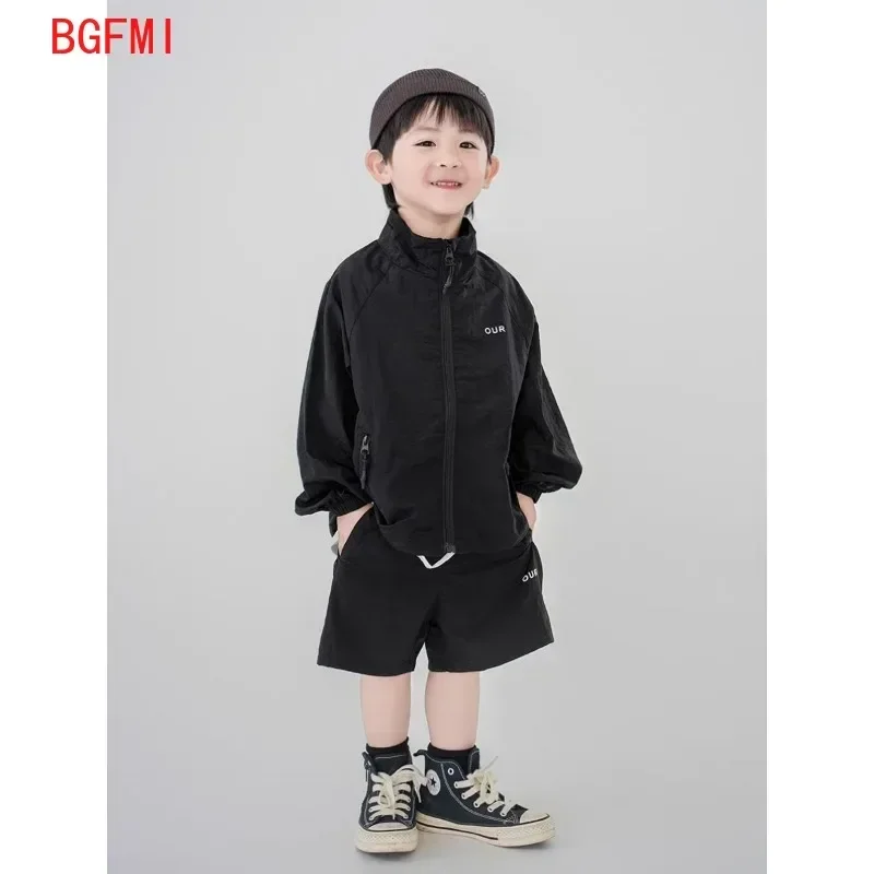 Summer Sunscreen Suit New Korean Boys & Girls Fashionable Sportswear Zippered Long Sleeved Thin Jacket + Shorts 2-piece Set