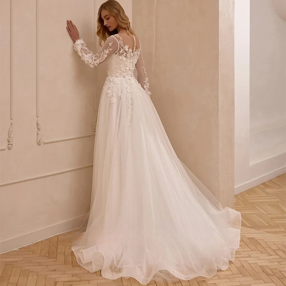 Boho A-line Wedding Dresses Customized Round Neck Puff Sleeves Flowers Applique Princess Bridal Gown High Slit Robe De Mariee