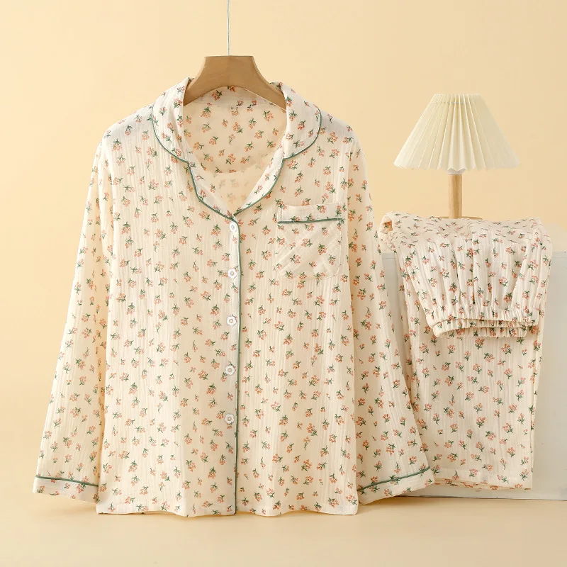 Cotton Flannel Women's Long Pants Pajamas Sets for Sleepwear Plaid Design Loose Autumn and Winter Long Sleeve Trouser Suits