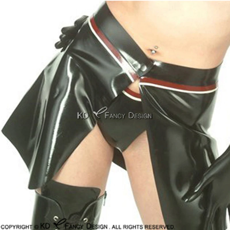 

Black And Red White Trims Mini Short Sexy Latex Kilt With Press Button Front Rubber Skirts Bottoms Uniform 015