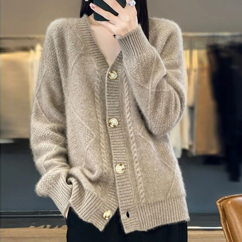 

Autumn Soft Cashmere Coat Casual Solid Loose Clothes Women Long Sleeve Knitted Sweater Winter Fashion V-Neck Cardigans New 28607