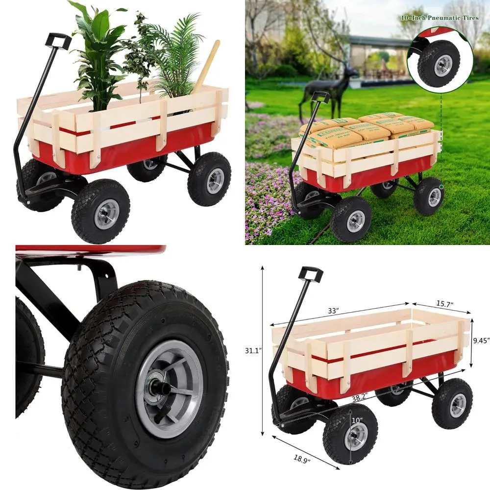 

All-Terrain Cargo Wagon with 10 Inch Air Tires, Steel and Wooden Side Support for Kids, Gardening, and Hauling Cargo