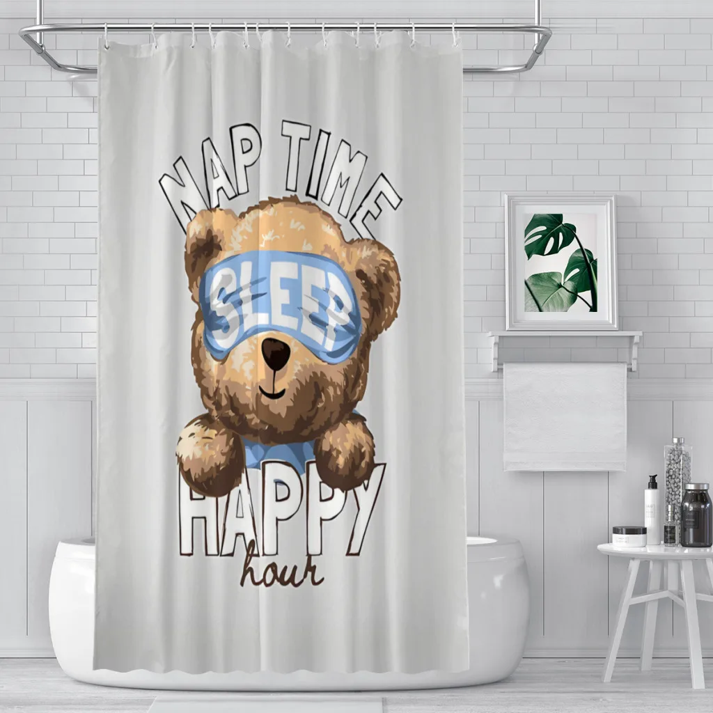 Nap Time Happy Hour Shower Curtains Teddy Bear Waterproof Fabric Funny Bathroom Decor with Hooks Home Accessories