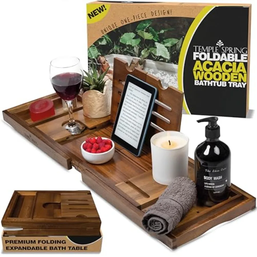 

Foldable Bathtub Tray Unique Design Selfcare Bathroom Caddy Acacia Spa Bathroom Tray Wooden Bathtub Accessories Wedding Gift/Bi