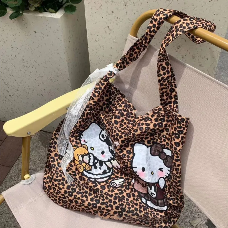 Hello Kitty Leopard Y2k Handbag High Capacity Retro Tote Bag Ribbon Bandage Casual Crossbody Bag Women\'s Wide Strap Shoulder Bag