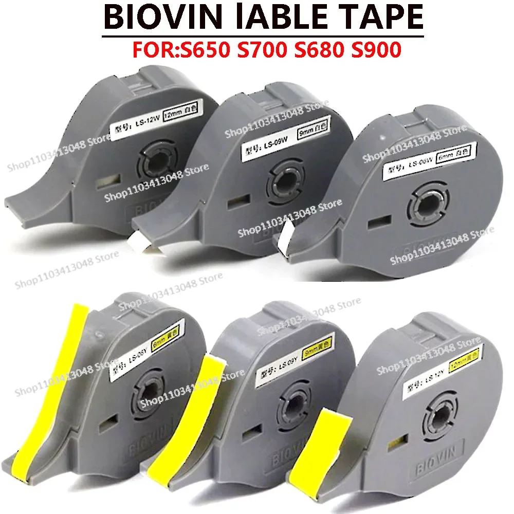 

Tape Cassette 6/9/12mmX8m White Yellow Silver for BIOVIN Cabel ID Printer S650 S700 S710E Typewriter Self Adhesive Label Sticker