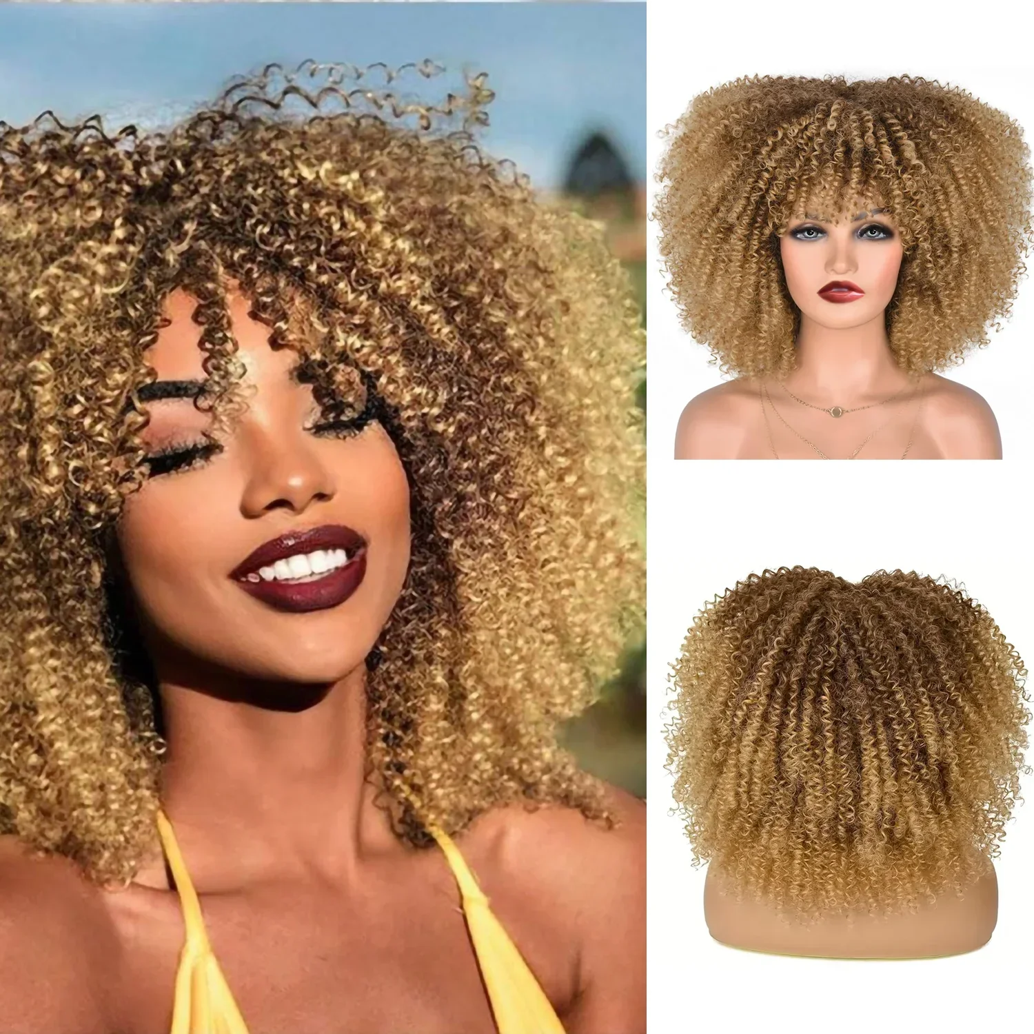 

Синтетический парик короткий, кудрявый, афро, с челкой, для женщин, пушистый, для косплея, костюмированных вечеринок, повседневного использования, термостойкий