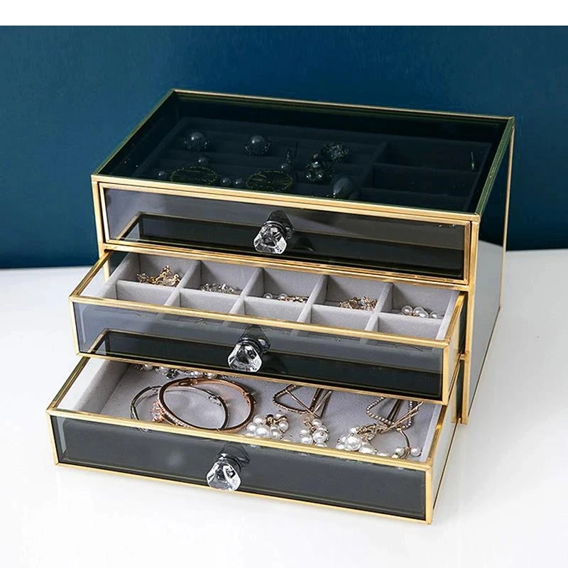 Rectangular Glass Cosmetic Jewelry Box Drawer Type Storage Household Multi Layer Makeup Brush Shelves Snack Candy Containers