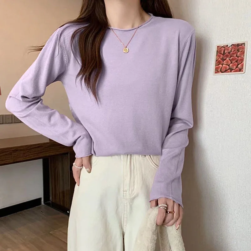 Women Korean Gentle Knit Sweater Women Roll Crew Neck Long Sleeve Elegant Minimalist Soft Versatile All Match Basic Daily Top